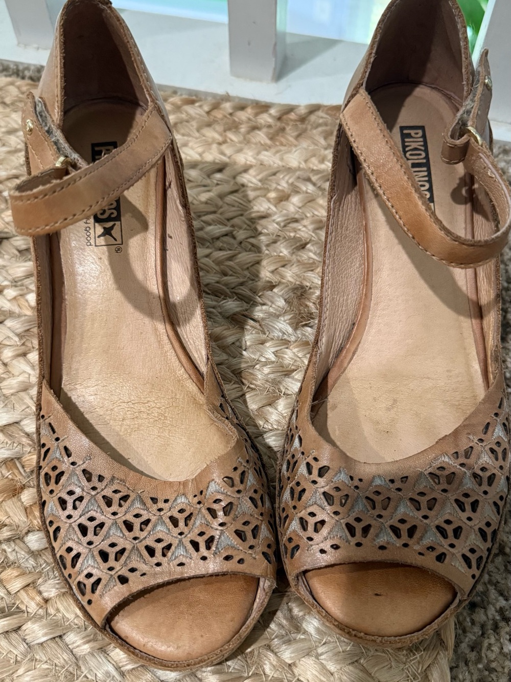 PIKOLINOS Tan Leather Laser-Cut Peep-Toe Wedge Sandals